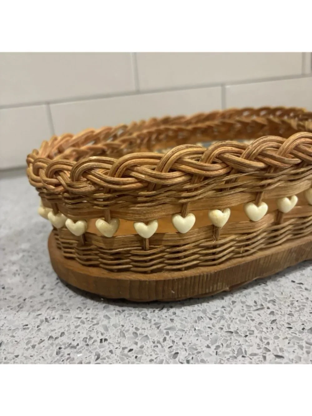Vintage Basket Heart Woven Beaded 90s Cottagecore Decor Accent Grannycore